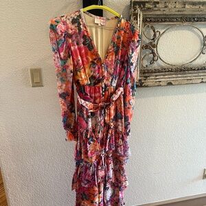 Rococo Sand Pink and Orange Wrap Sundress with Bishop Sleeves
